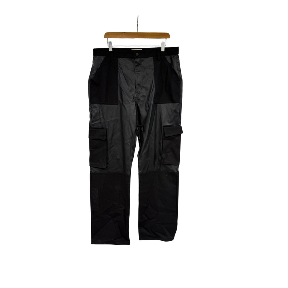 Gilded Intent 90s Straight Black Faux Leather Mixed Media Cargo Pants 32